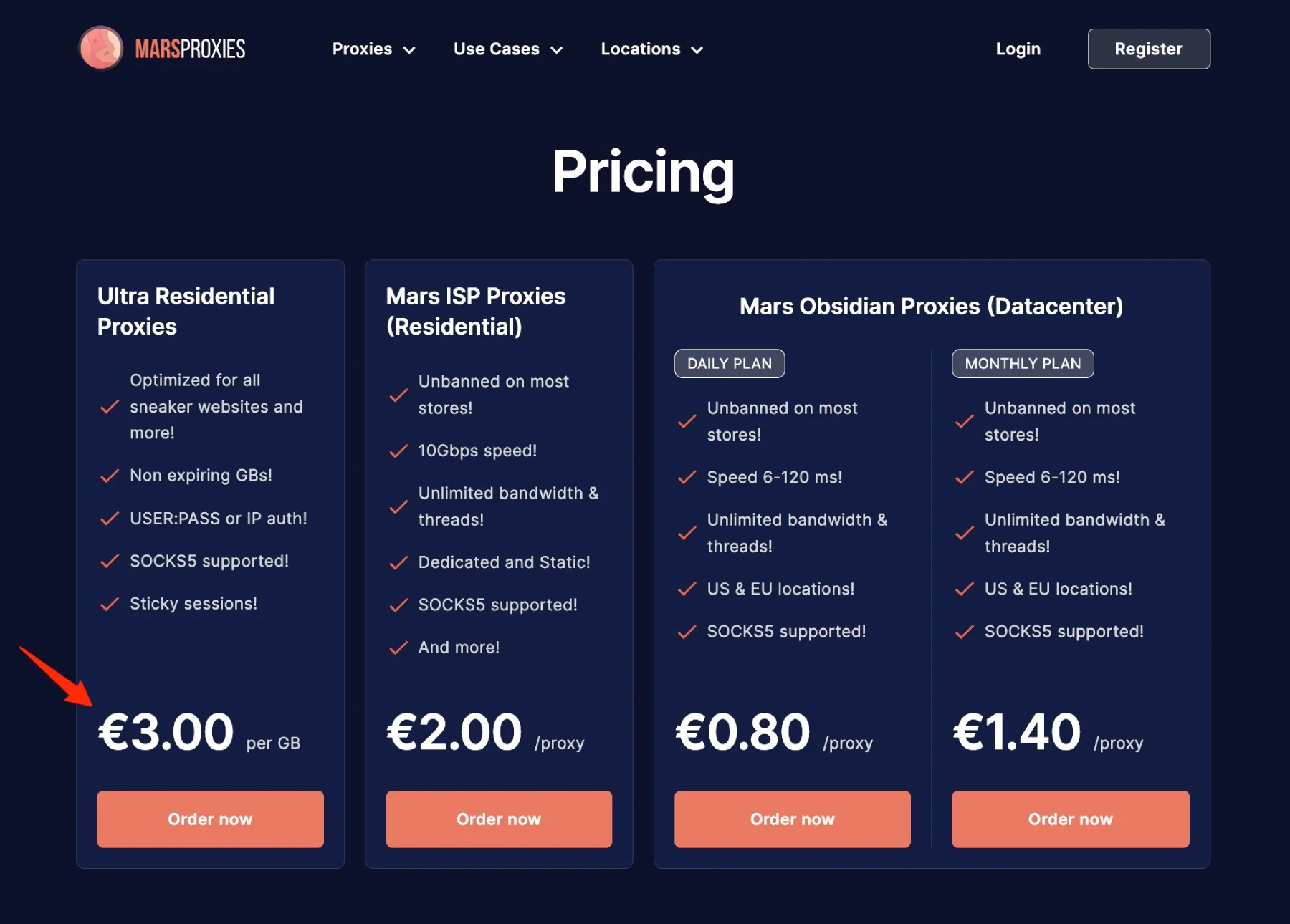 MarsProxies pricing plans for proxies
