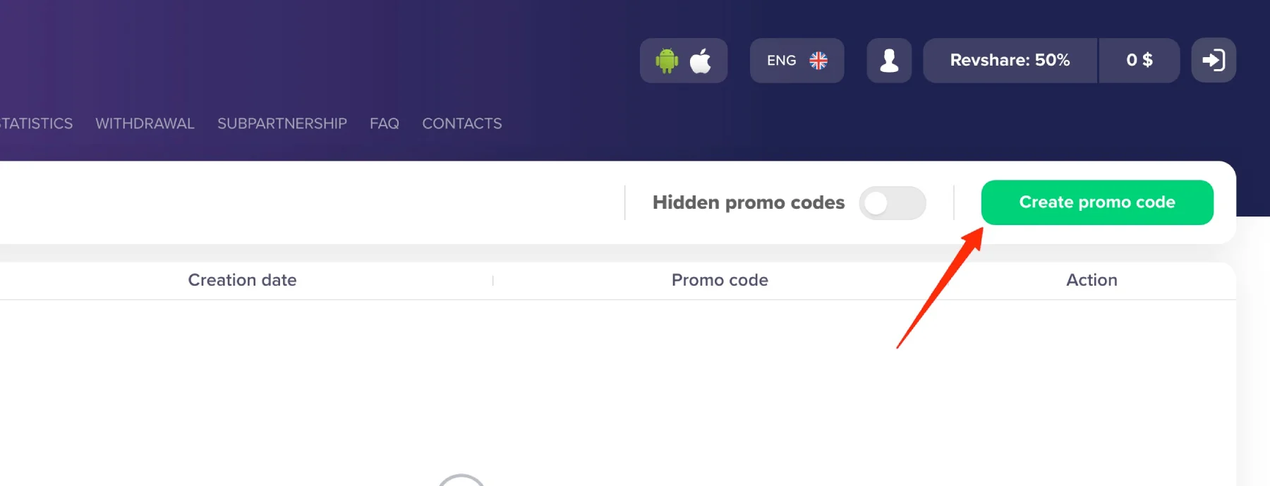 Create Promo Codes in 1win Partners portal