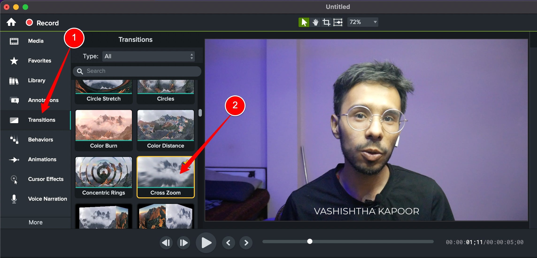 Cross zoom transition in camtasia