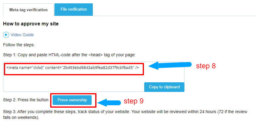 clickadu publisher signup step8and9