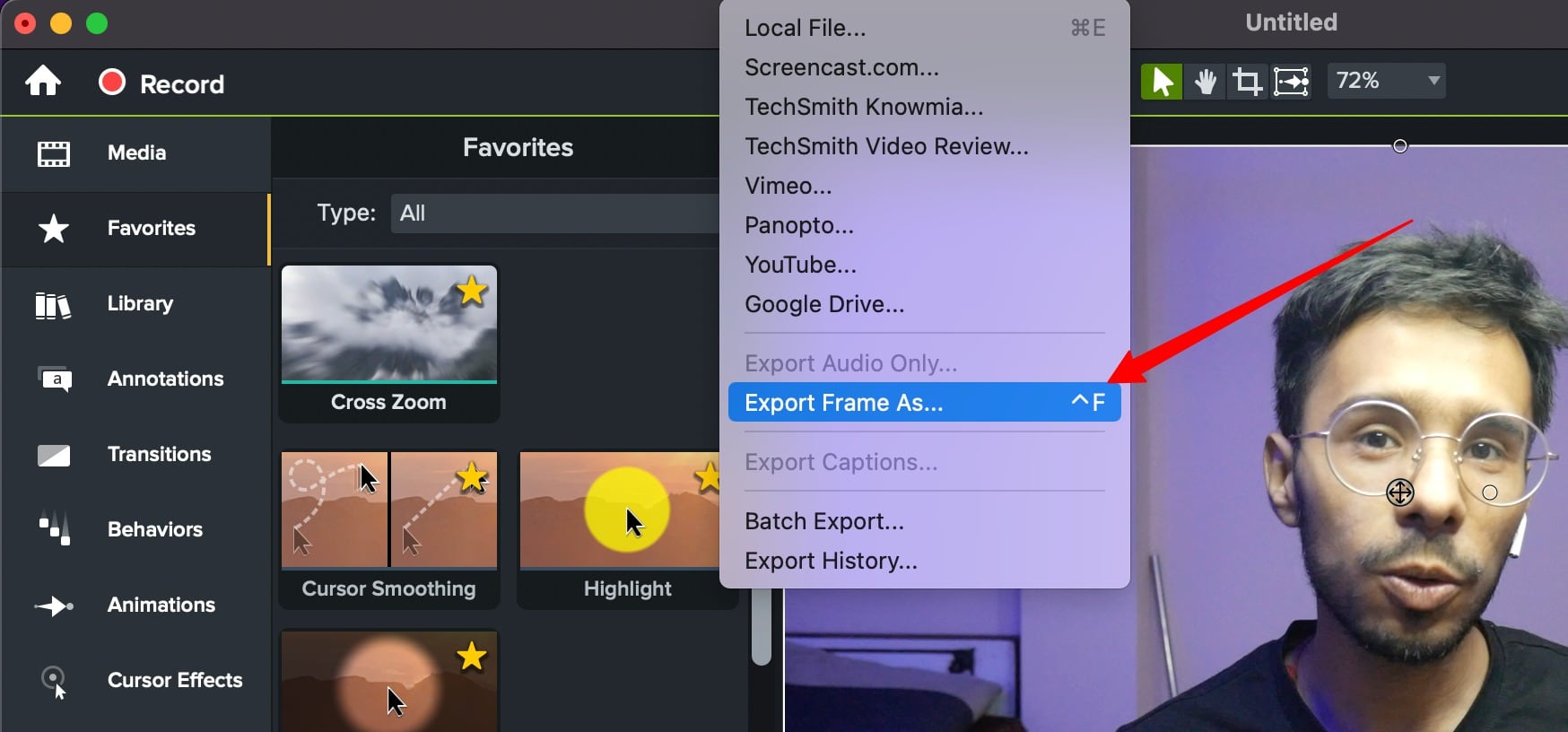 export frame as feature camtasia