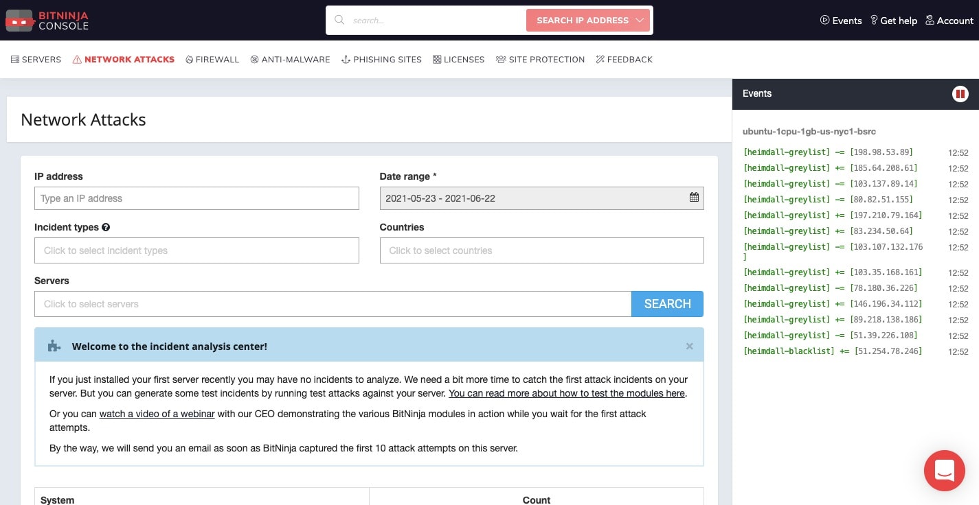 network attacks in bitninja dashboard